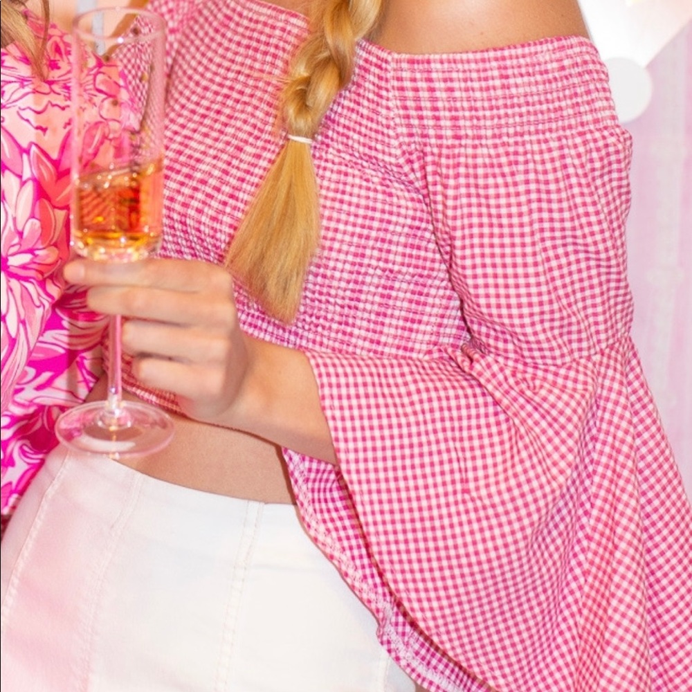 Pink Gingham Off-the-Shoulder Crop Top